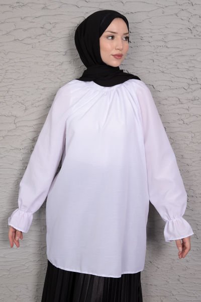 Oversize Kesim Manşet Detaylı Tesettür Tunik Beyaz